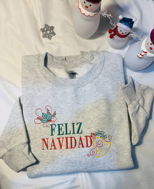 Embroidered Feliz Navidad Sweatshirt - Christmas Gift for Her