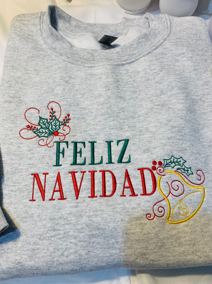 Embroidered Feliz Navidad Sweatshirt - Christmas Gift for Her